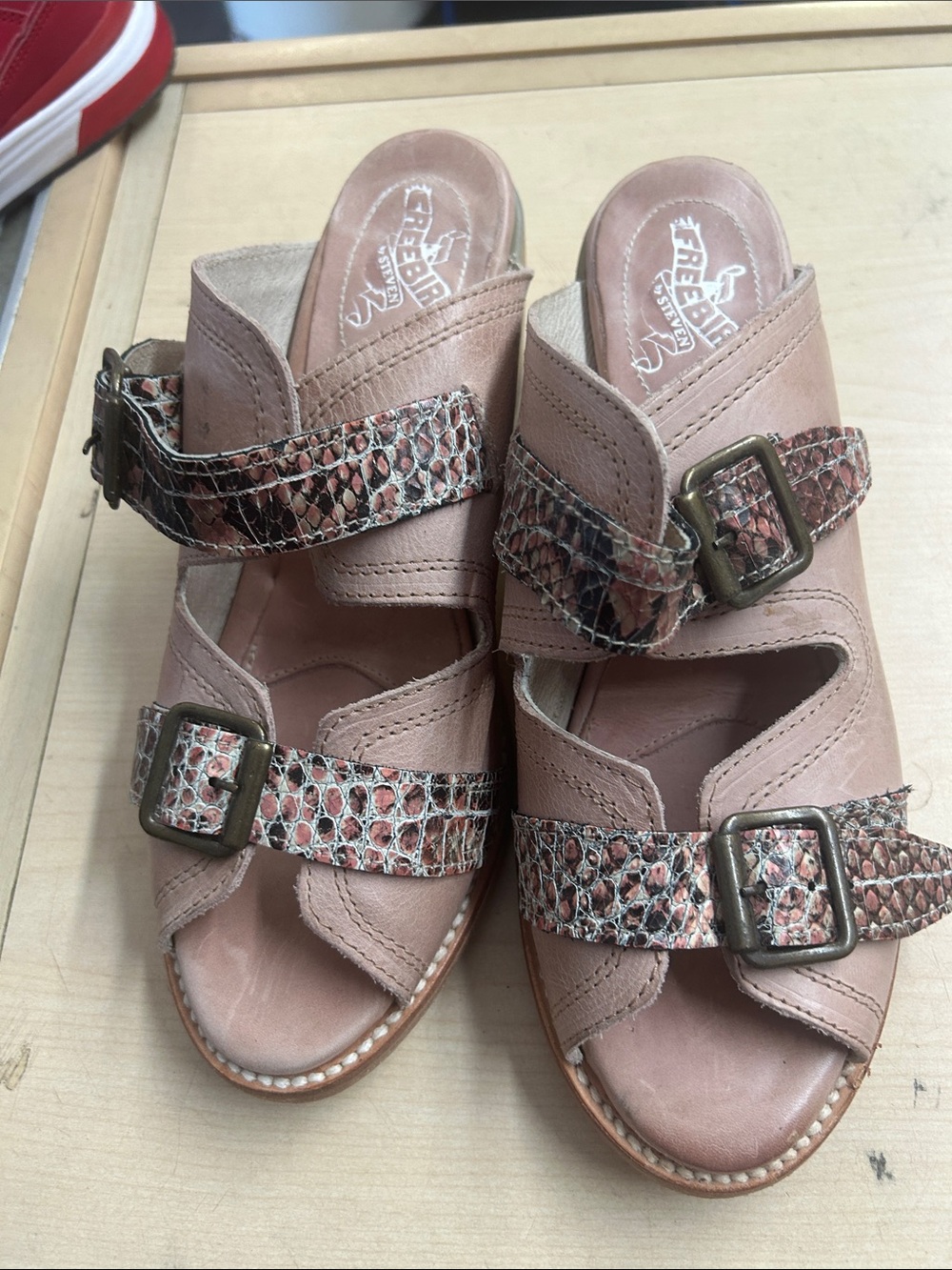 Freebird by Steven Blush Pink Leather Slide Sandals with Snake-Print Buckles
